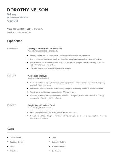 Delivery Driver/Warehouse Associate Resume