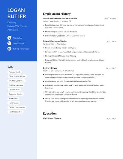 Delivery Driver/Warehouse Associate Resume
