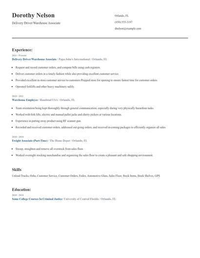 Delivery Driver/Warehouse Associate Resume