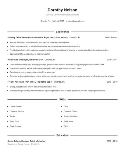 Delivery Driver/Warehouse Associate Resume