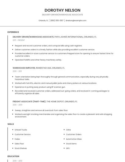 Delivery Driver/Warehouse Associate Resume