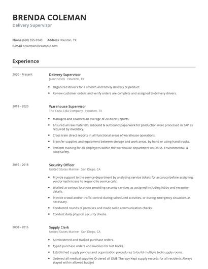 Delivery Supervisor Resume