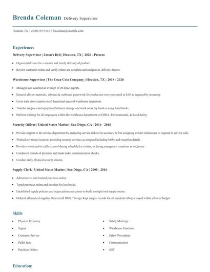 Delivery Supervisor Resume