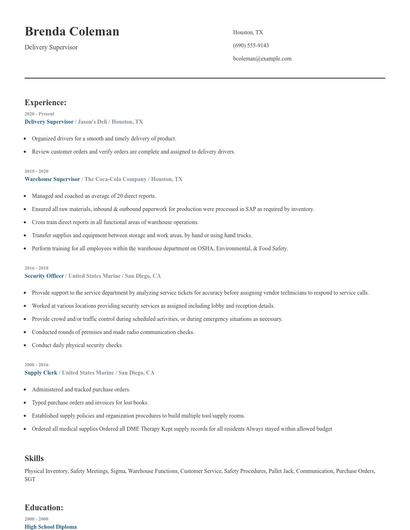 Delivery Supervisor Resume