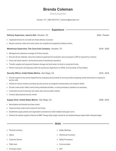 Delivery Supervisor Resume