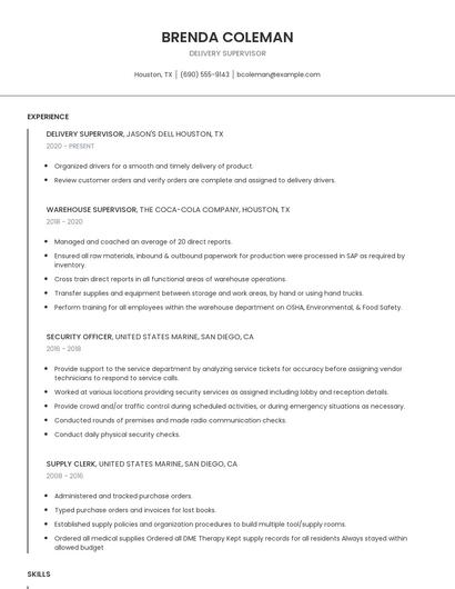 Delivery Supervisor Resume