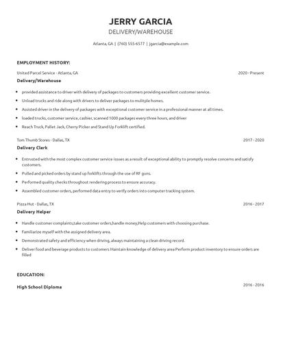 Delivery/Warehouse Resume