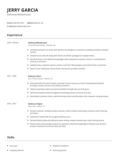 Delivery/Warehouse Resume