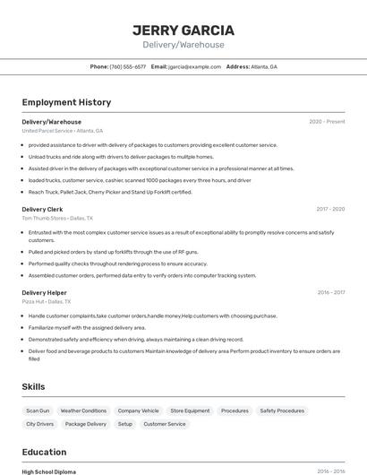 Delivery/Warehouse Resume