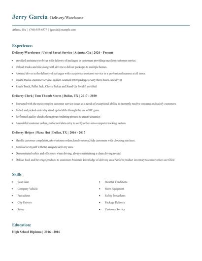 Delivery/Warehouse Resume
