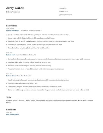 Delivery/Warehouse Resume