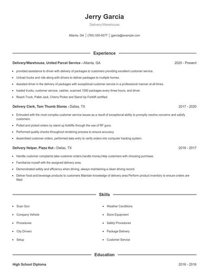 Delivery/Warehouse Resume