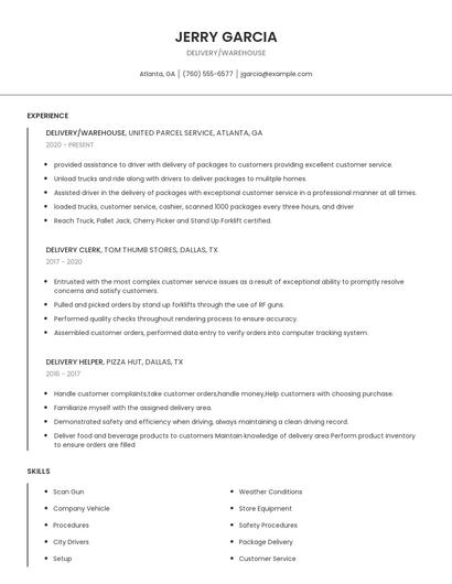 Delivery/Warehouse Resume