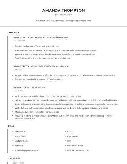 Demonstrator Resume