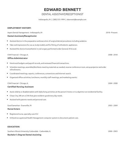 Dental Assistant/Receptionist Resume