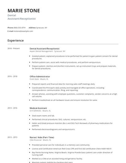 Dental Assistant/Receptionist Resume
