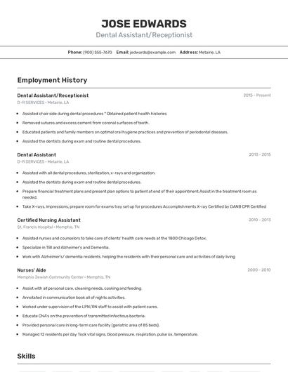 Dental Assistant/Receptionist Resume