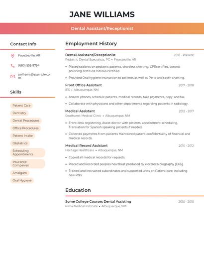 Dental Assistant/Receptionist Resume