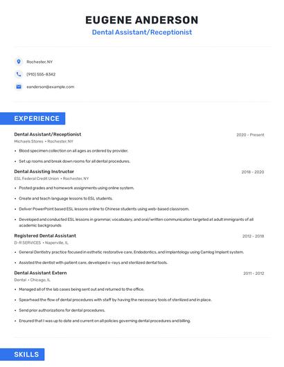 Dental Assistant/Receptionist Resume