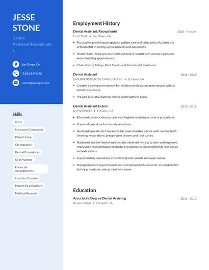 Dental Assistant/Receptionist Resume