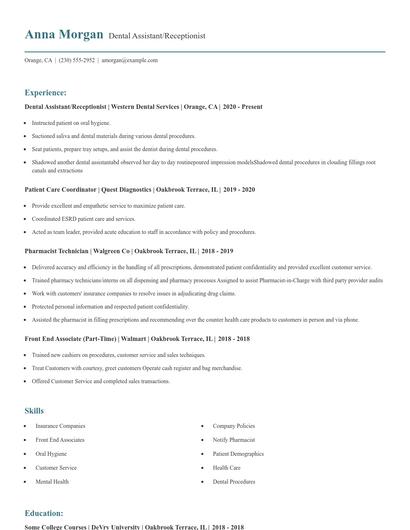 Dental Assistant/Receptionist Resume