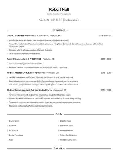 Dental Assistant/Receptionist Resume