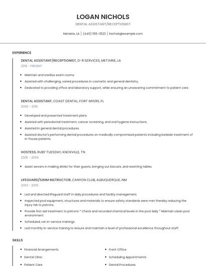 Dental Assistant/Receptionist Resume