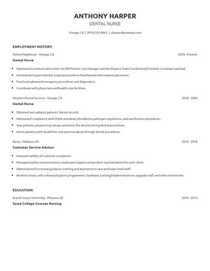 Dental Nurse Resume