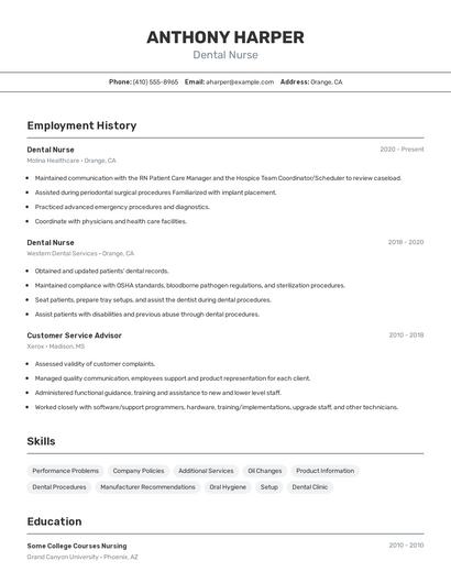 Dental Nurse Resume