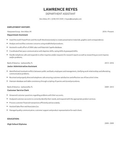Department Assistant Resume