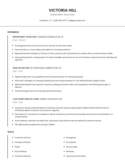 Department Assistant Resume