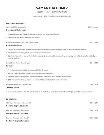 Department Chairperson Resume