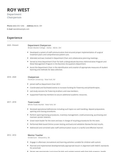 Department Chairperson Resume