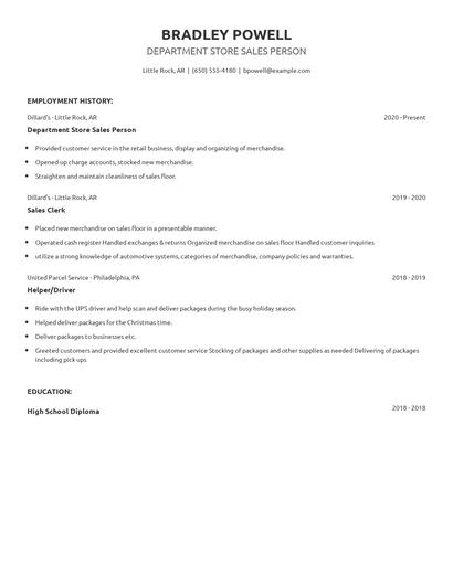 Department Store Sales Person Resume