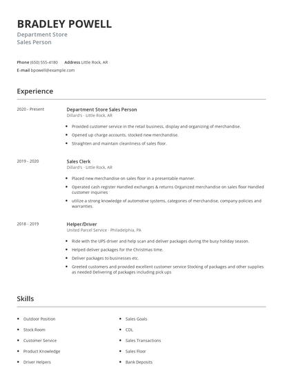 Department Store Sales Person Resume
