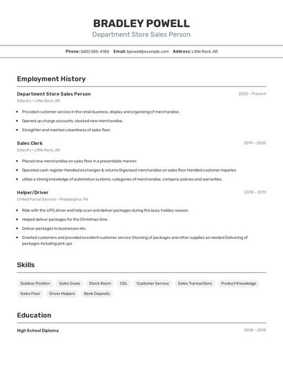 Department Store Sales Person Resume