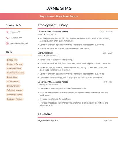 Department Store Sales Person Resume