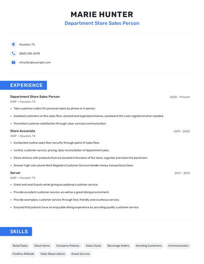 Department Store Sales Person Resume