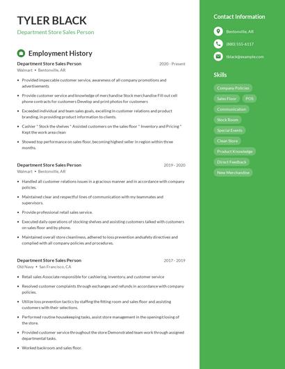 Department Store Sales Person Resume