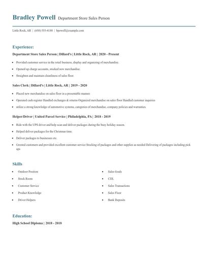 Department Store Sales Person Resume