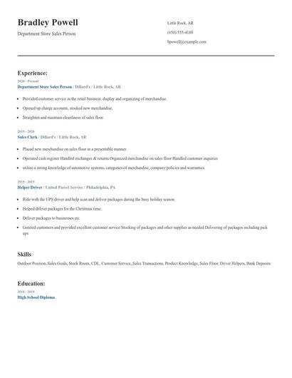Department Store Sales Person Resume