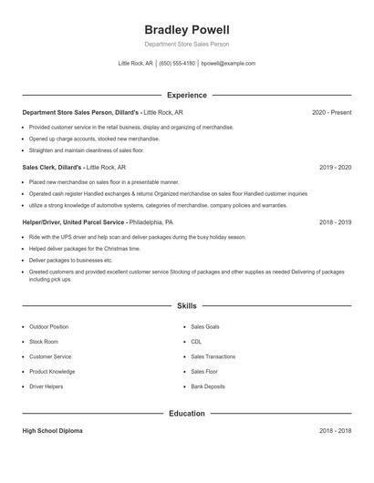 Department Store Sales Person Resume