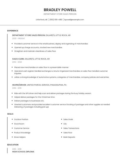 Department Store Sales Person Resume