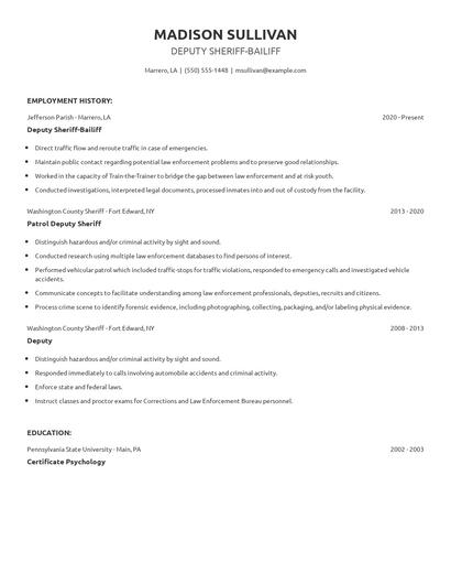 Deputy Sheriff-Bailiff Resume
