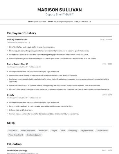 Deputy Sheriff-Bailiff Resume