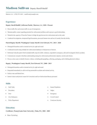 Deputy Sheriff-Bailiff Resume