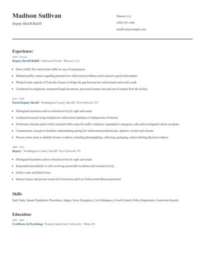 Deputy Sheriff-Bailiff Resume