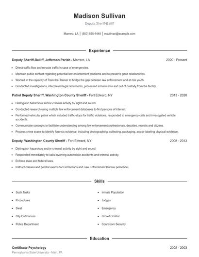 Deputy Sheriff-Bailiff Resume