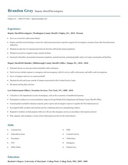 Deputy Sheriff/Investigator Resume