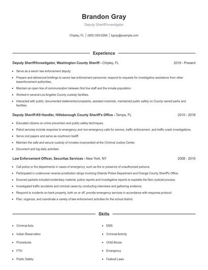 Deputy Sheriff/Investigator Resume